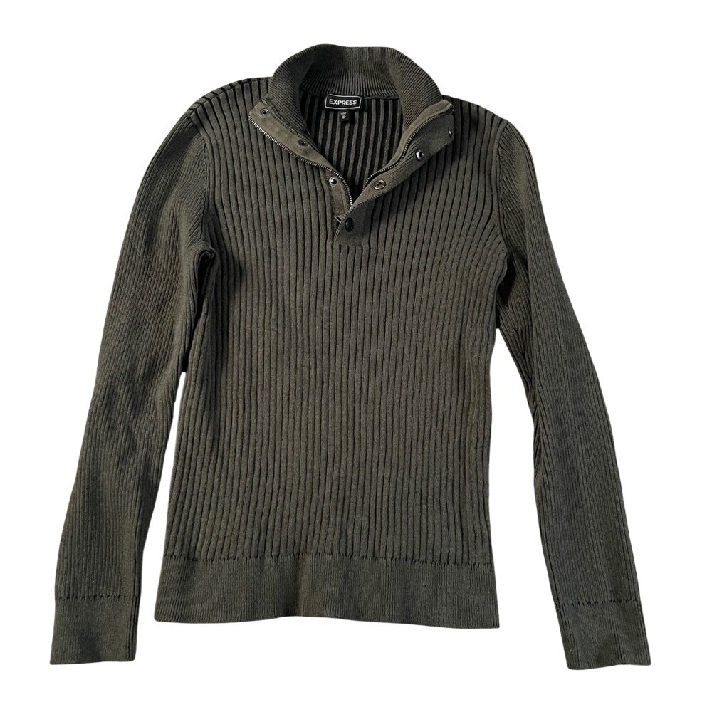 Express Mens Ribbed Knit Quarter Zip Snap Mock‎ Neck Sweater Olive Green Black M